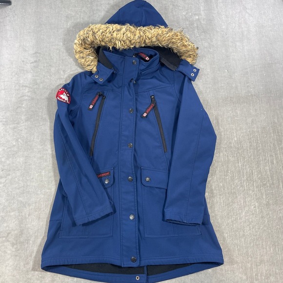 Canada Weathergear Blue Hooded Parka Jacket Women's Large Fur Trim Softshell - Picture 1 of 7